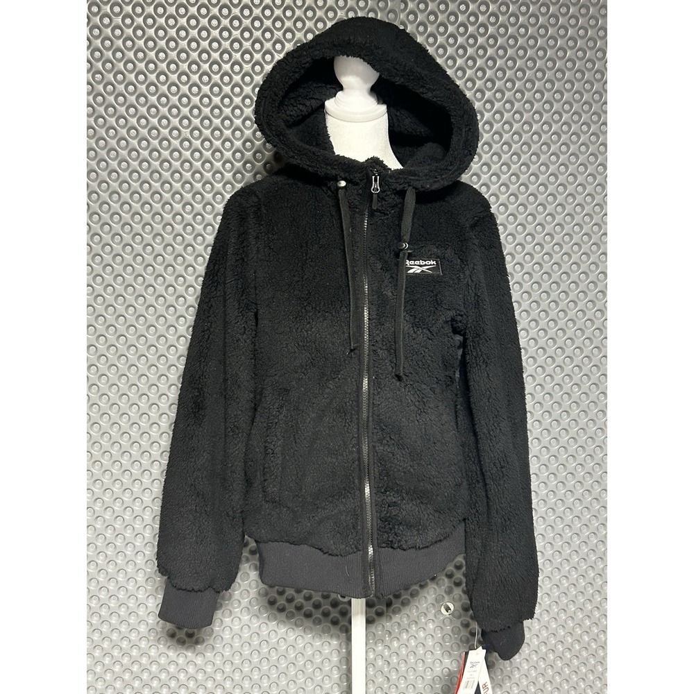 Reebok Women's Plush Sherpa  Fleece Zip-Up Hooded Jacket Black ‎ Cozy Size S NWT